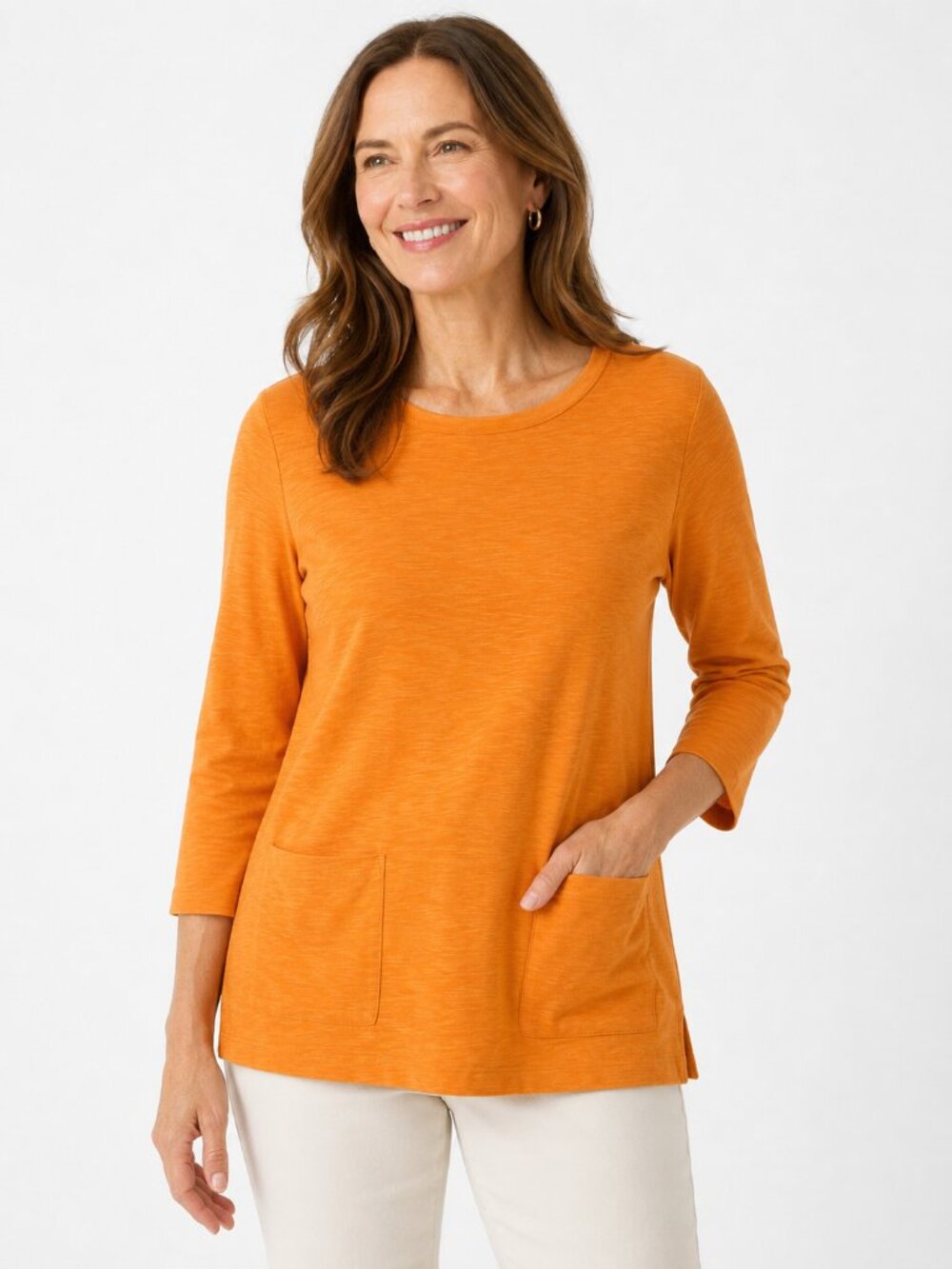 J. Jill Women's 100% Pima Cotton Orange Long Sleeve Top Pockets Size M